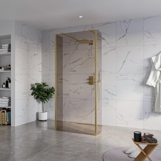 Fortifura Galeria Vrijstaande Inloopdouche - 90x200cm - Rookglas - antikalk - 8mm veiligheidsglas - 2 zijwanden 30cm - wandsteunen en hoekprofielen - Geborsteld Messing PVD (Goud) SW927770 2x/SW797938