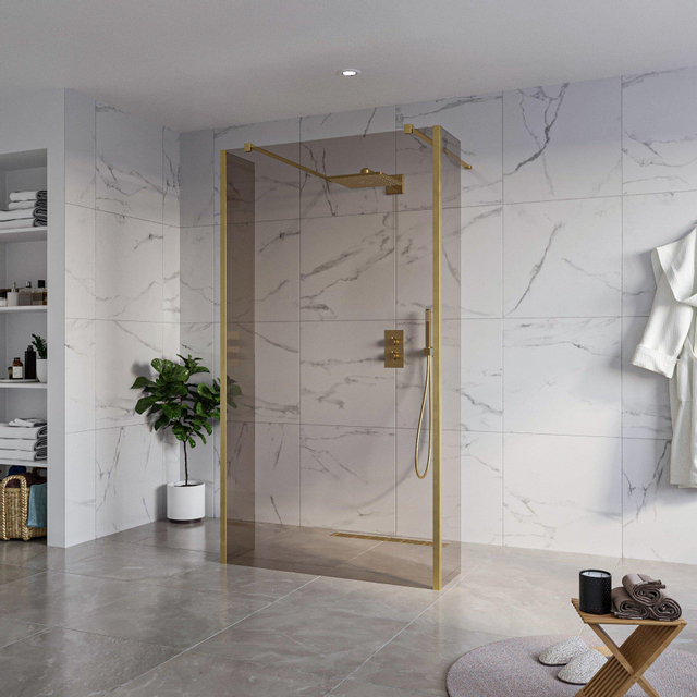 Fortifura Galeria Vrijstaande Inloopdouche - 110x200cm - Rookglas - antikalk - 8mm veiligheidsglas - 2 zijwanden 30cm - wandsteunen en hoekprofielen - Geborsteld Messing PVD (Goud) SW927770 2x/SW91525