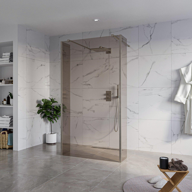 Fortifura Galeria Vrijstaande Inloopdouche - 110x200cm - Rookglas - antikalk - 8mm veiligheidsglas - 2 zijwanden 30cm - wandsteunen en hoekprofielen - Geborsteld Gunmetal PVD SW927771 2x/SW915252/SW79