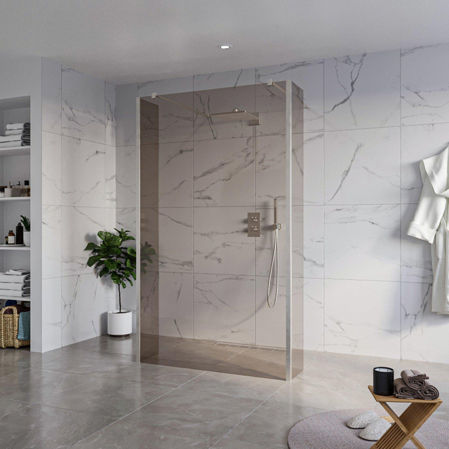 Fortifura Galeria Vrijstaande Inloopdouche - 120x200cm - Rookglas - antikalk - 8mm veiligheidsglas - 2 zijwanden 30cm - wandsteunen en hoekprofielen - Geborsteld RVS PVD (RVS) SW927769 2x/SW797944/SW7