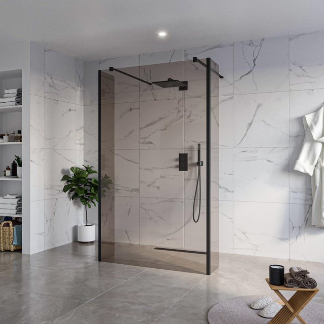 Fortifura Galeria Vrijstaande Inloopdouche - 120x200cm - Rookglas - antikalk - 8mm veiligheidsglas - 2 zijwanden 30cm - wandsteunen en hoekprofielen - Zwart mat SW927767 2x/SW797944/SW797930 2x/SW3580