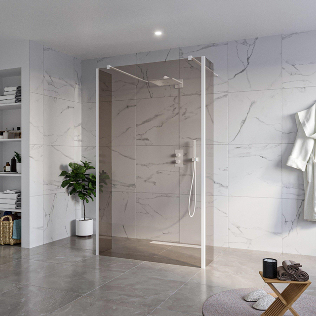 Fortifura Galeria Vrijstaande Inloopdouche - 120x200cm - Rookglas - antikalk - 8mm veiligheidsglas - 2 zijwanden 30cm - wandsteunen en hoekprofielen - Wit mat SW927768 2x/SW797944/SW797930 2x/SW541264