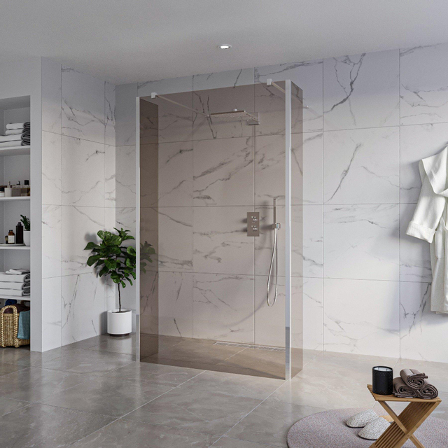 Fortifura Galeria Vrijstaande Inloopdouche - 120x200cm - Rookglas - antikalk - 8mm veiligheidsglas - 2 zijwanden 30cm - wandsteunen en hoekprofielen - Chroom SW927766 2x/SW797944/SW797930 2x/SW358024 
