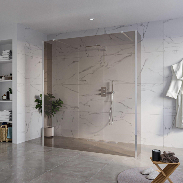 Fortifura Galeria Vrijstaande Inloopdouche - 180x200cm - Rookglas - antikalk - 8mm veiligheidsglas - 2 zijwanden 30cm - wandsteunen en hoekprofielen - Chroom SW927766 2x/SW797943/SW797930 2x/SW358024 