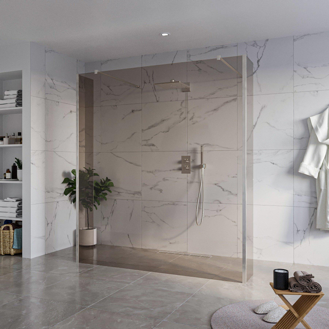 Fortifura Galeria Vrijstaande Inloopdouche - 180x200cm - Rookglas - antikalk - 8mm veiligheidsglas - 2 zijwanden 30cm - wandsteunen en hoekprofielen - Geborsteld RVS PVD (RVS) SW927769 2x/SW797943/SW7