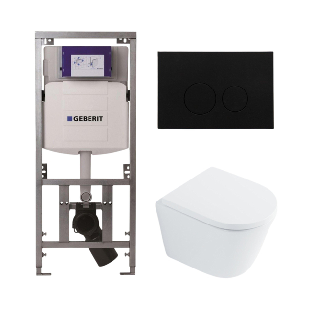 Geberit QeramiQ Dely Toiletset - 36.3x51.7cm - diepspoel - rimless -  UP320 Burda inbouwreservoir - softclose toilet zitting 35 mm - kunststof mat zwarte bedieningsplaat - ronde knoppen - wit glans SW1