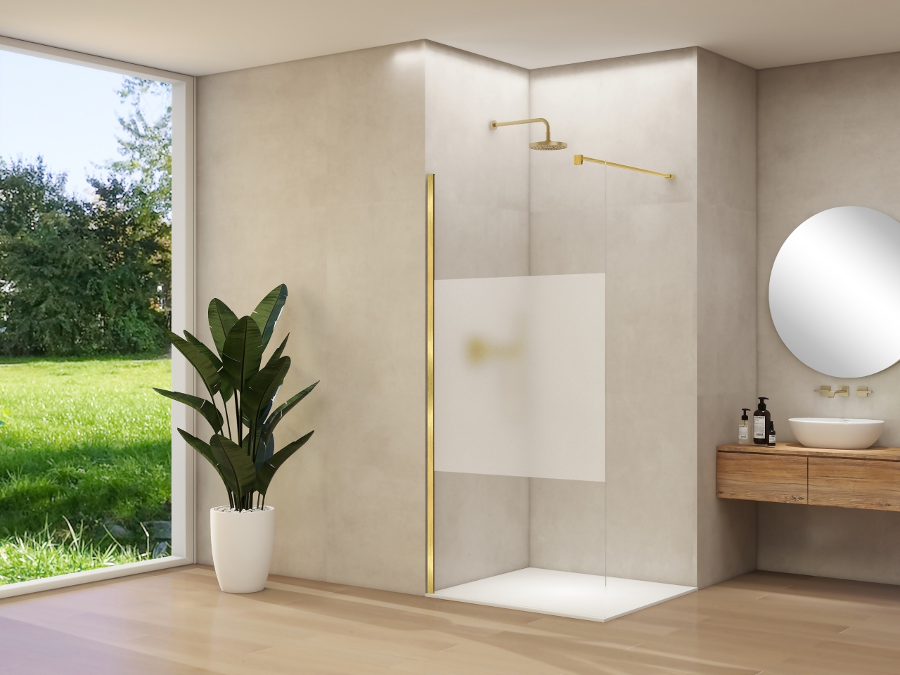 Van Rijn Inloopdouche  Products ST01 30x200 cm 8 mm Helder Glas Met Satijnbaan Incl. Beslag met Muurprofiel Geborsteld Messing