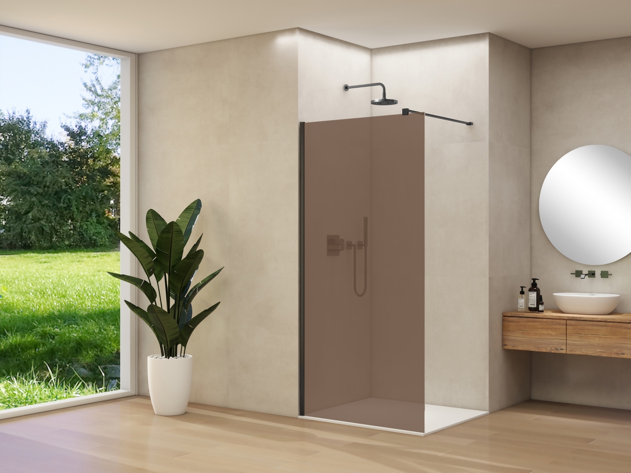 Van Rijn Inloopdouche  Products ST01 100x200 cm 8 mm Brons Rookglas Incl. Beslag met Muurprofiel en Stabilisatiestang Mat Zwart