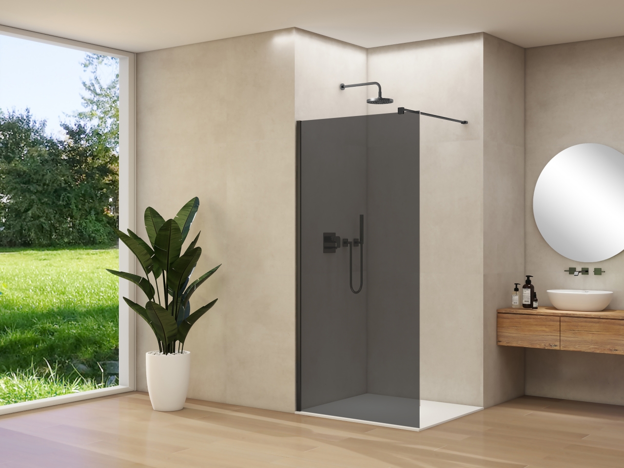 Van Rijn Inloopdouche  Products ST01 100x200 cm 8 mm Rookglas Incl. Beslag met Muurprofiel en Stabilisatiestang Mat Zwart
