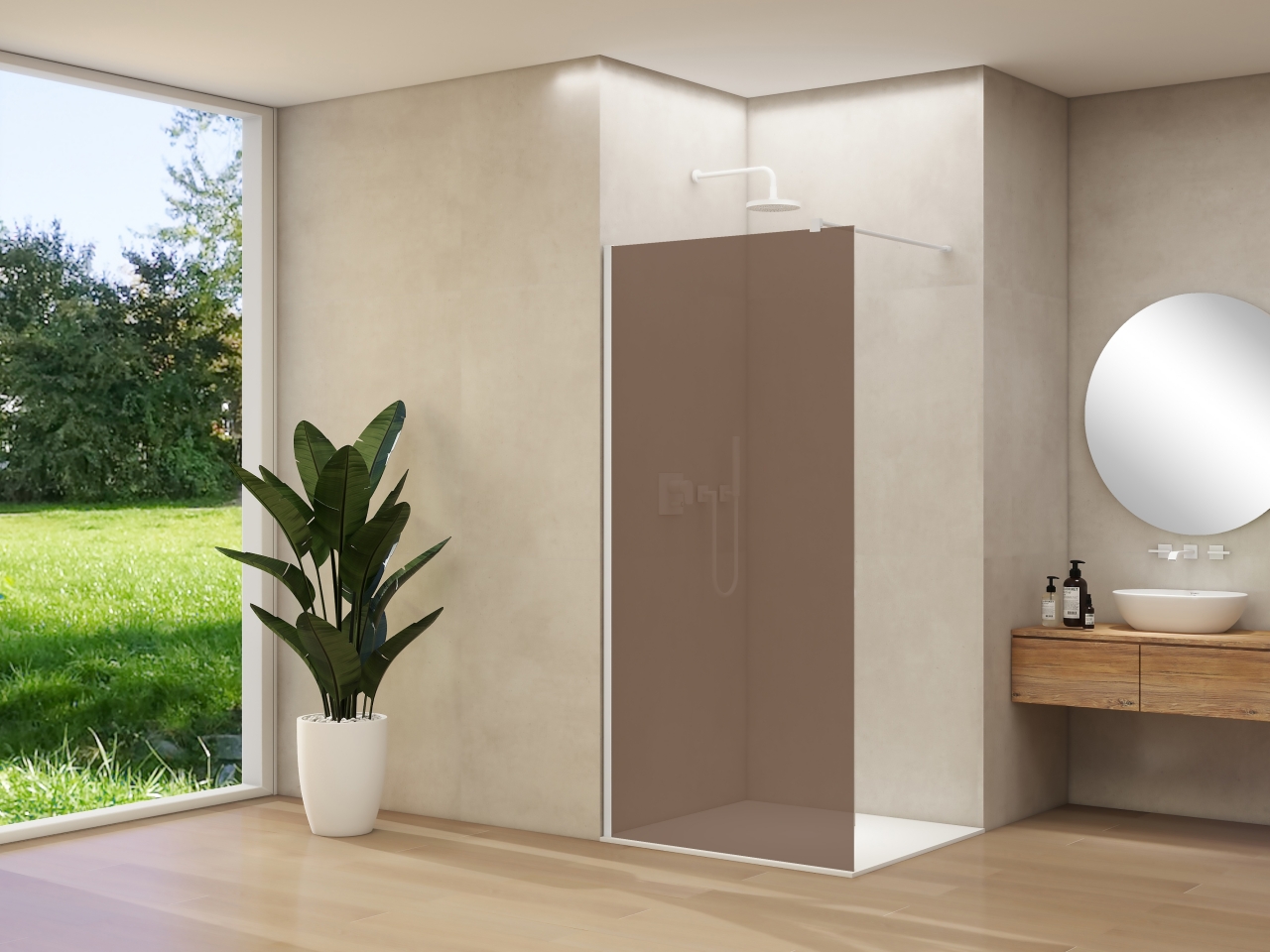 Van Rijn Inloopdouche  Products ST01 90x200 cm 8 mm Brons Rookglas Incl. Beslag met Muurprofiel en Stabilisatiestang Mat Wit