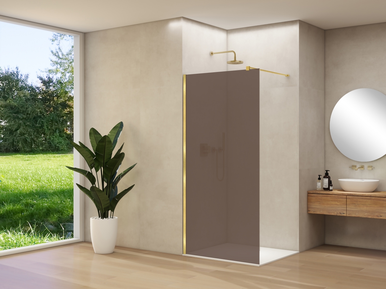Van Rijn Inloopdouche  Products ST01 90x200 cm 8 mm Brons Rookglas Incl. Beslag met Muurprofiel en Stabilisatiestang Geborsteld Messing