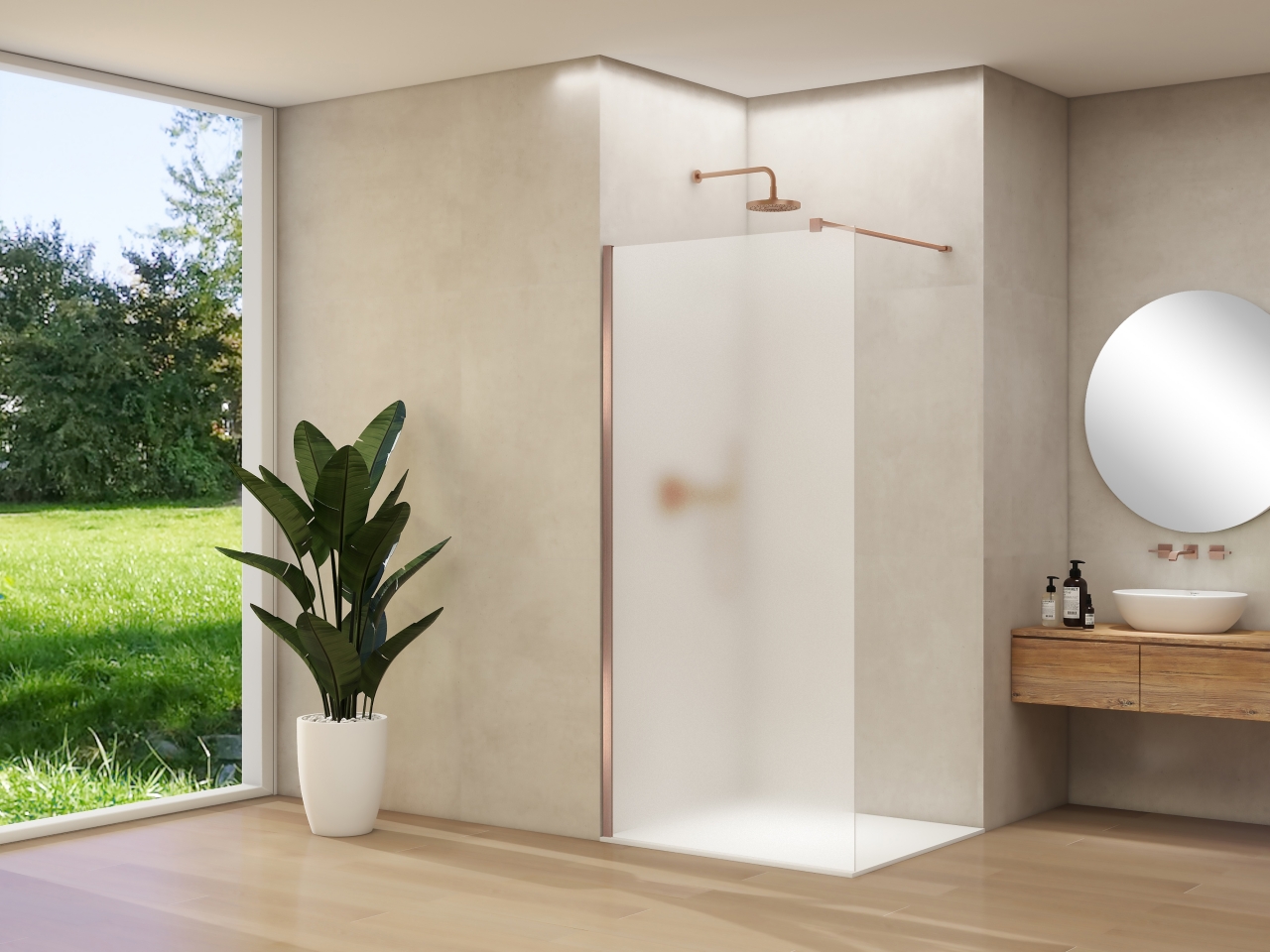 Van Rijn Inloopdouche  Products ST01 90x200 cm 8 mm Satijnglas Incl. Beslag met Muurprofiel en Stabilisatiestang Geborsteld Koper