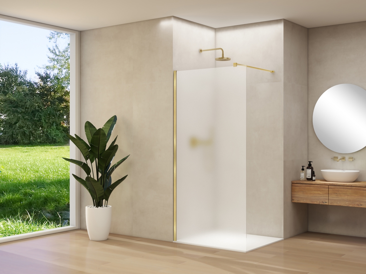 Van Rijn Inloopdouche  Products ST01 90x200 cm 8 mm Satijnglas Incl. Beslag met Muurprofiel en Stabilisatiestang Geborsteld Messing