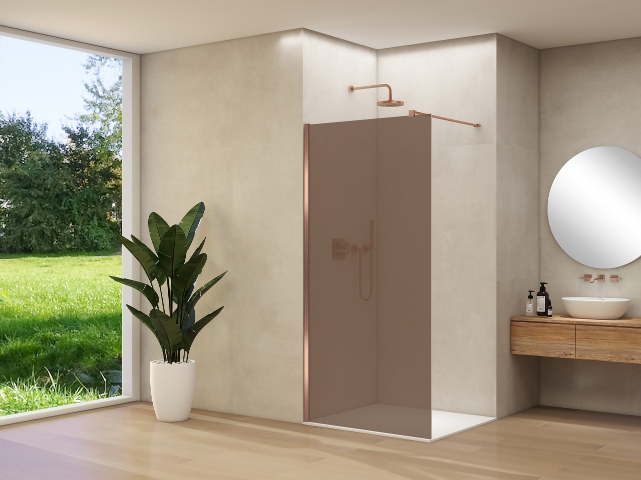 Van Rijn Inloopdouche  Products ST01 90x200 cm 8 mm Brons Rookglas Incl. Beslag met Muurprofiel en Stabilisatiestang Geborsteld Koper