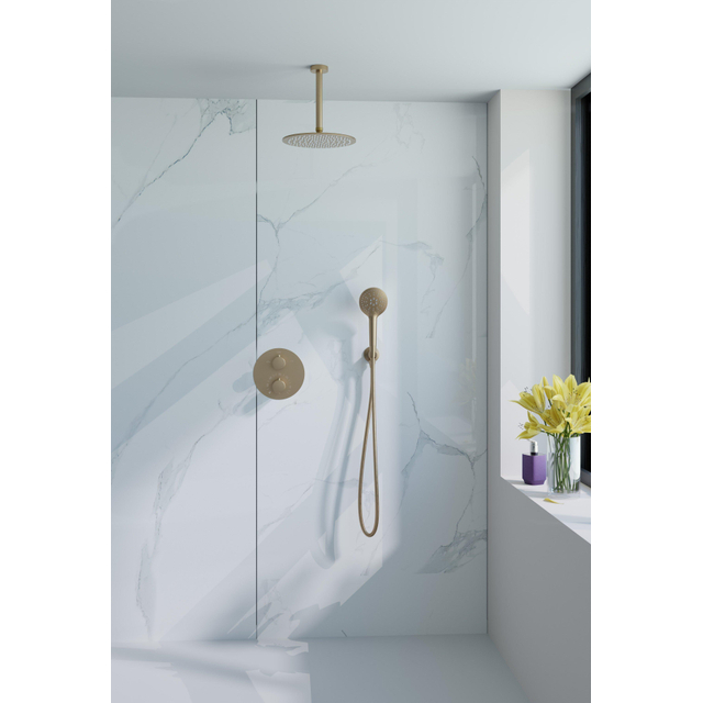 Fortifura Calvi Inbouw Regendoucheset - rond - thermostatisch - plafondarm - 25cm hoofddouche - ronde handdouche - Geborsteld Messing PVD (Goud) SW706206/SW720555/SW799449/SW720557/SW720569/SW799