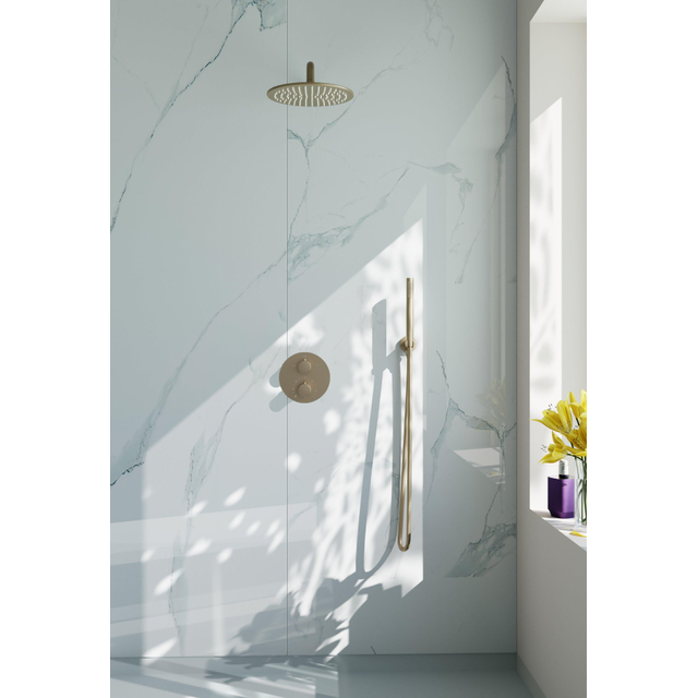 Fortifura Calvi Inbouw Regendoucheset - rond - thermostatisch - wandarm - 25cm hoofddouche - staaf handdouche - gladde slang - Geborsteld Messing PVD (Goud) SW728176/SW720555/SW720562/SW720569/SW72057