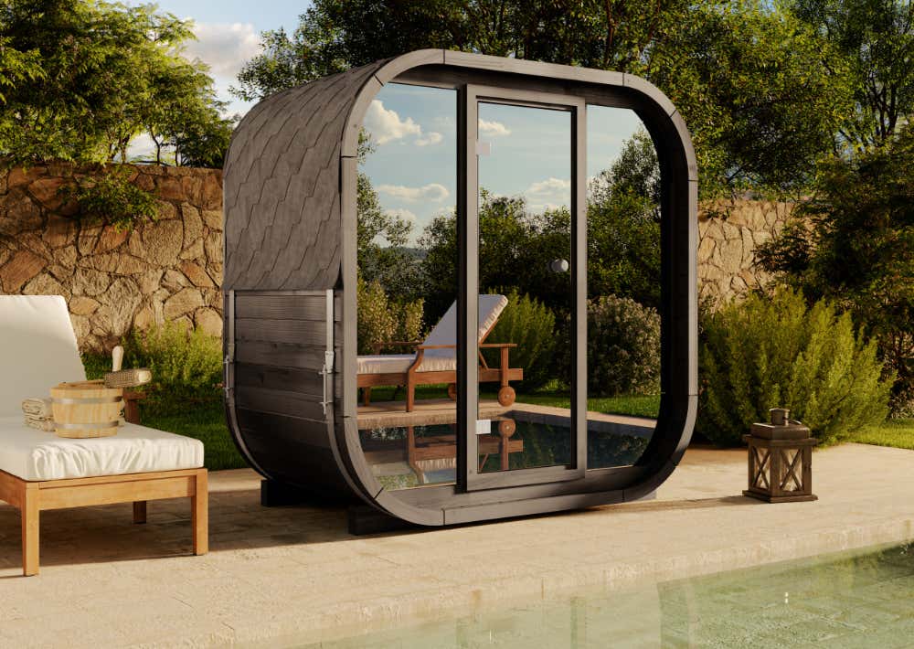 FinnTherm Ellipso M zwarte barrelsauna met spiegelglas