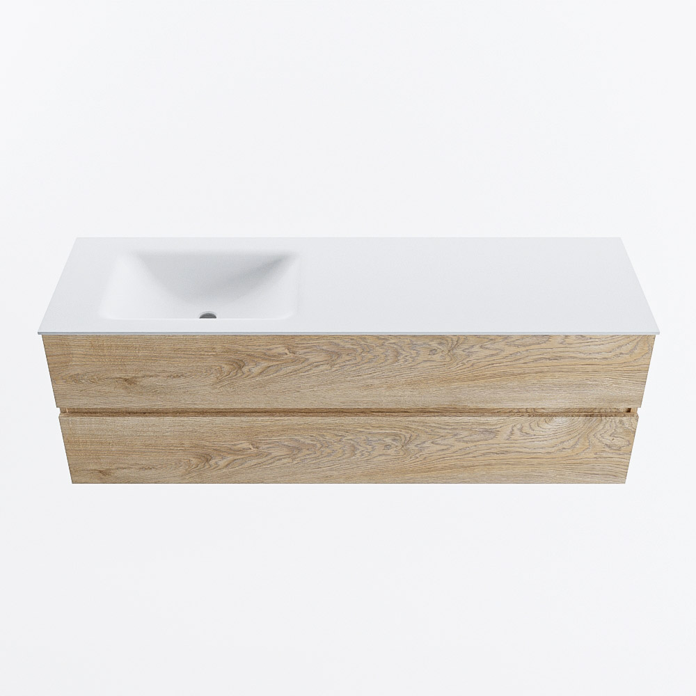Mondiaz VICA 150cm badmeubel onderkast Washed Oak 2 lades. Wastafel CLOUD links 1 kraangat, kleur Talc.