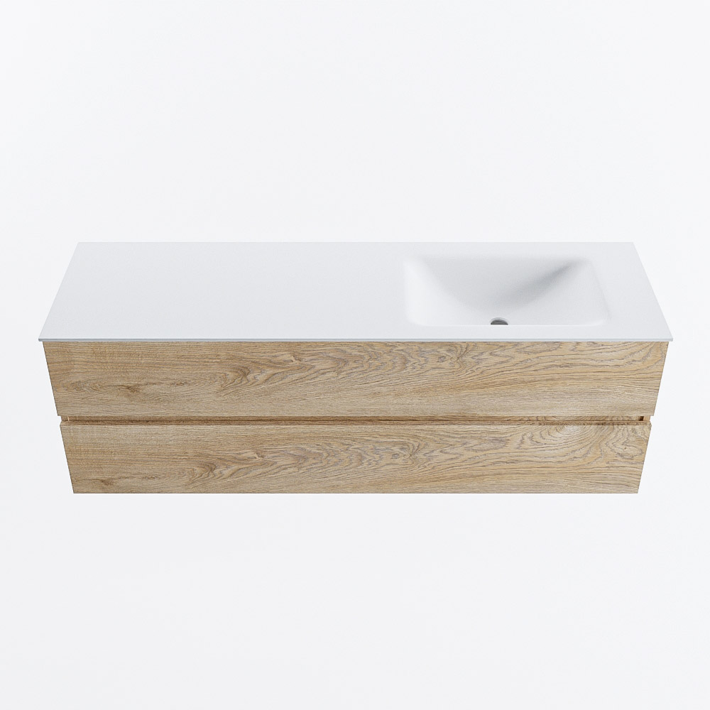 Mondiaz VICA 150cm badmeubel onderkast Washed Oak 2 lades. Wastafel CLOUD rechts zonder kraangat, kleur Talc.