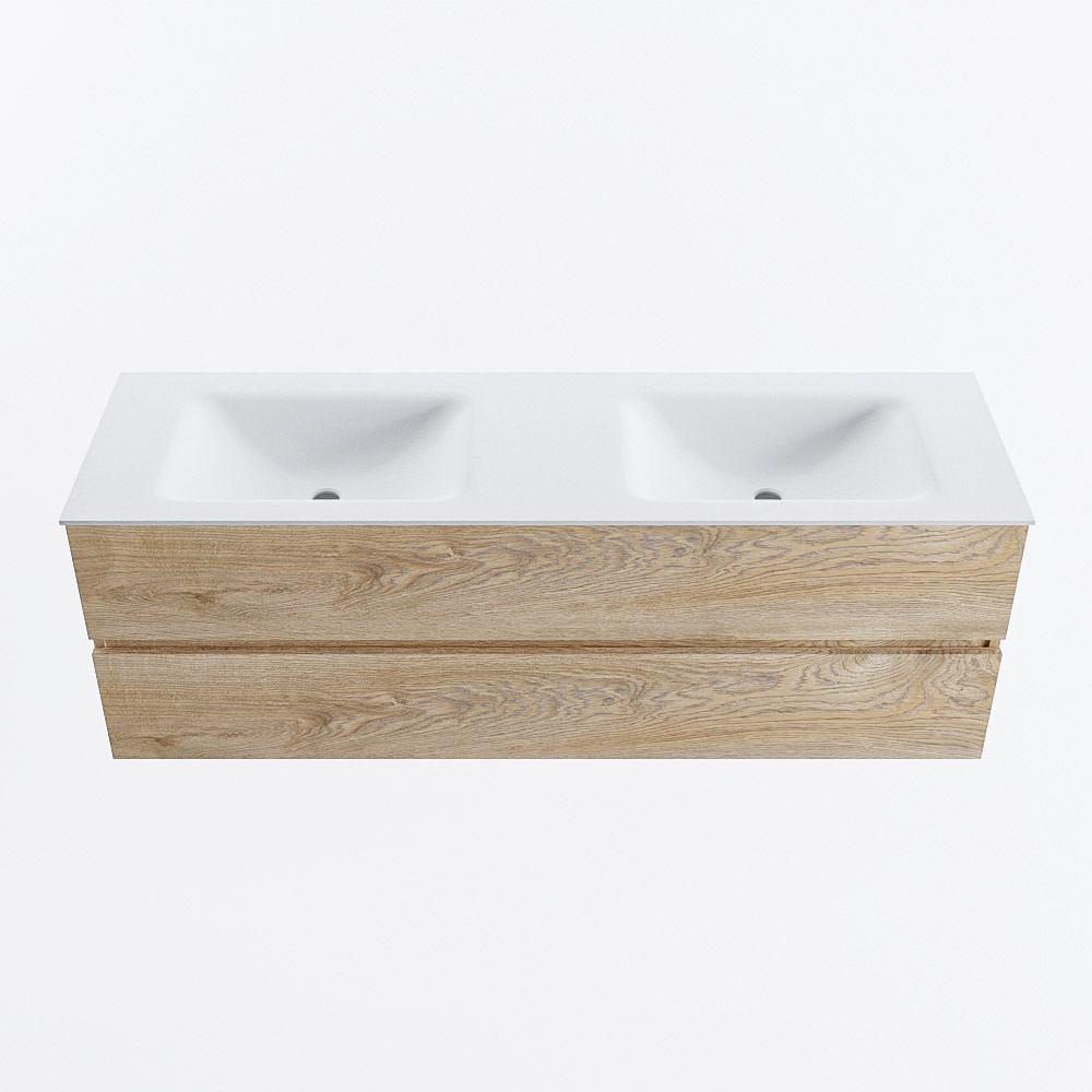 Mondiaz VICA 150cm badmeubel onderkast Washed Oak 2 lades. Wastafel CLOUD dubbel zonder kraangat, kleur Talc.