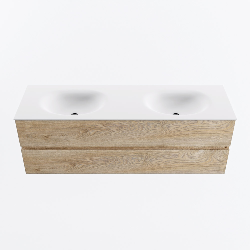 Mondiaz VICA 150cm badmeubel onderkast Washed Oak 2 lades. Wastafel MOON dubbel 2 kraangaten, kleur Talc.