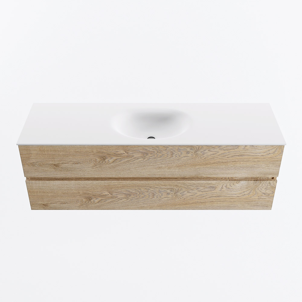 Mondiaz VICA 150cm badmeubel onderkast Washed Oak 2 lades. Wastafel MOON midden zonder kraangat, kleur Talc.