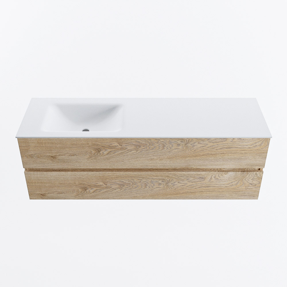 Mondiaz VICA 150cm badmeubel onderkast Washed Oak 2 lades. Wastafel CLOUD links zonder kraangat, kleur Talc.