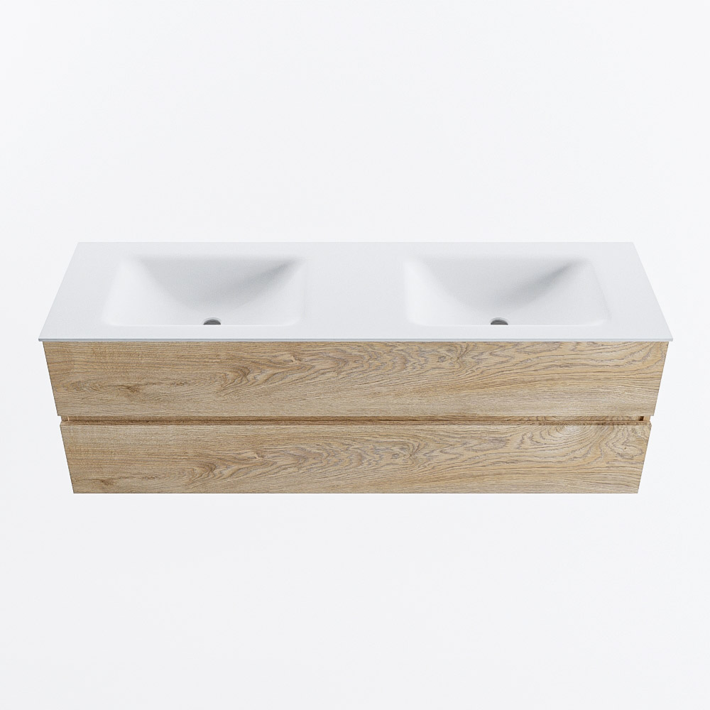 Mondiaz VICA 150cm badmeubel onderkast Washed Oak 2 lades. Wastafel CLOUD dubbel 2 kraangaten, kleur Talc.