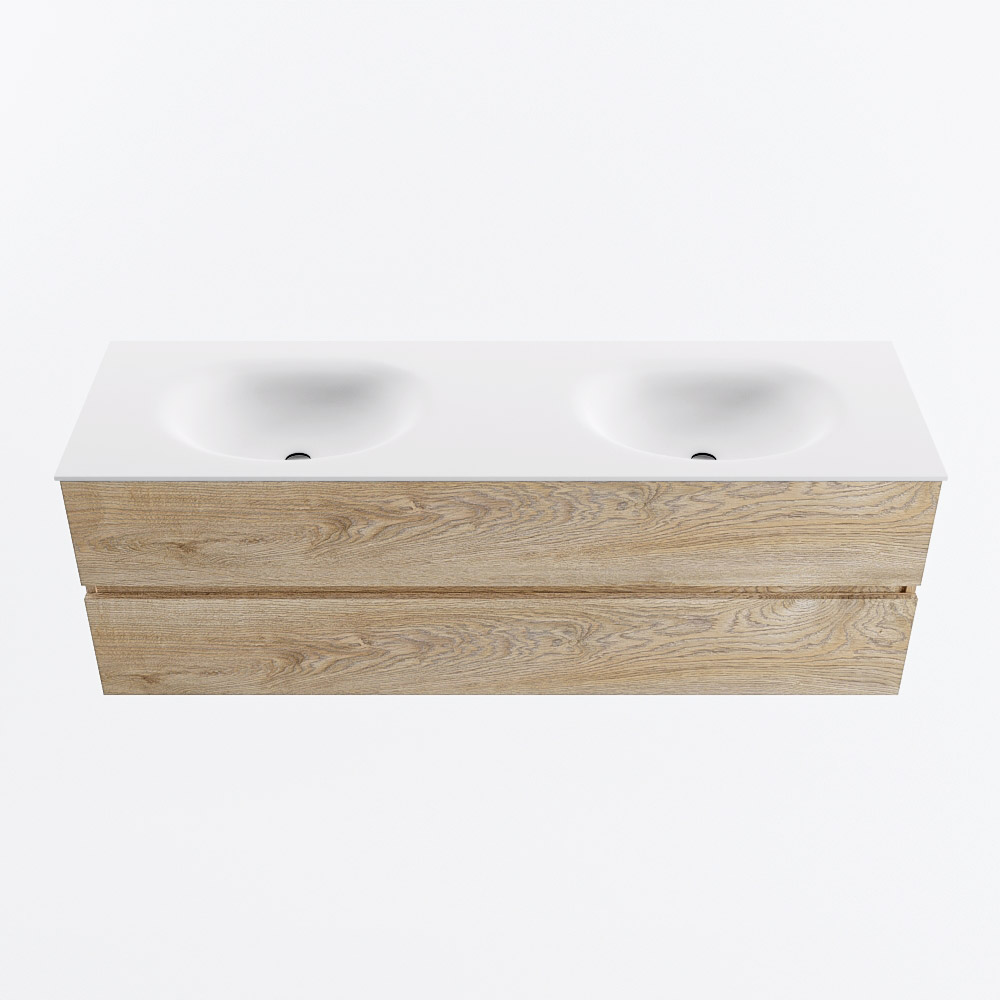 Mondiaz VICA 150cm badmeubel onderkast Washed Oak 2 lades. Wastafel MOON dubbel zonder kraangat, kleur Talc.