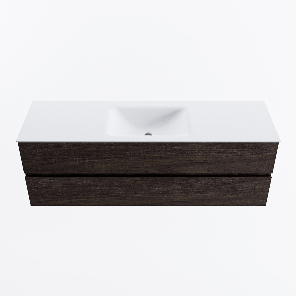 Mondiaz VICA 150cm badmeubel onderkast Dark Brown 2 lades. Wastafel CLOUD midden 1 kraangat, kleur Talc.