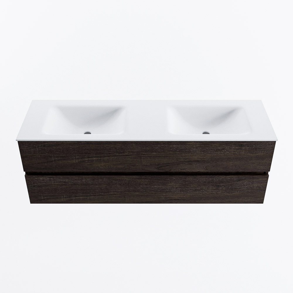 Mondiaz VICA 150cm badmeubel onderkast Dark Brown 2 lades. Wastafel CLOUD dubbel zonder kraangat, kleur Talc.