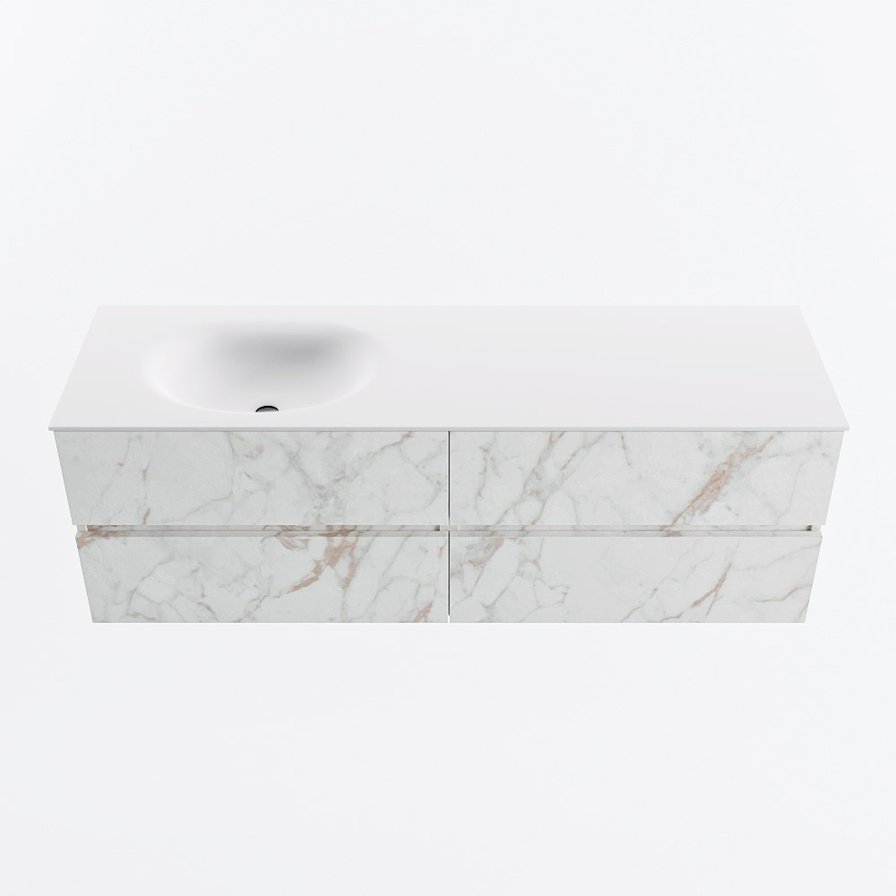 Mondiaz VICA 150cm badmeubel onderkast Carrara 4 lades. Wastafel MOON links 1 kraangat, kleur Talc.