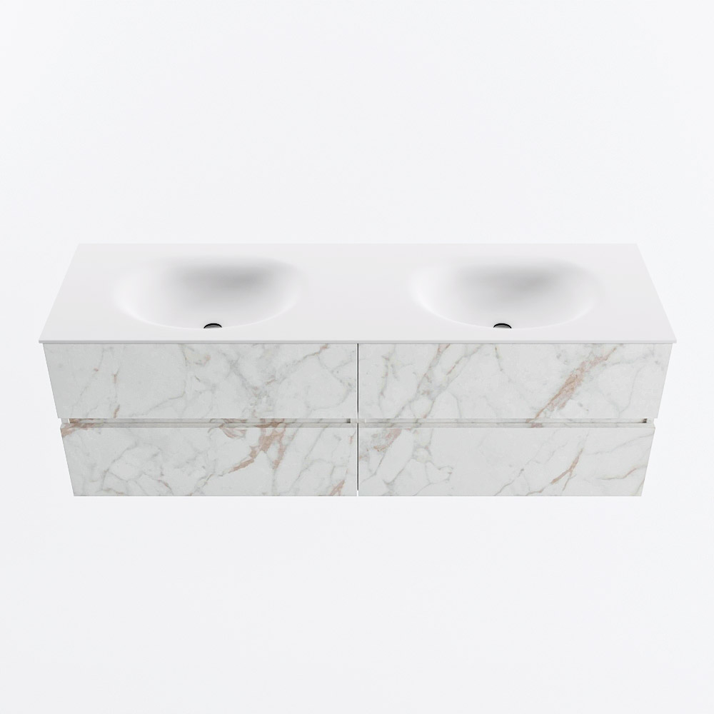 Mondiaz VICA 150cm badmeubel onderkast Carrara 4 lades. Wastafel MOON dubbel 2 kraangaten, kleur Talc.