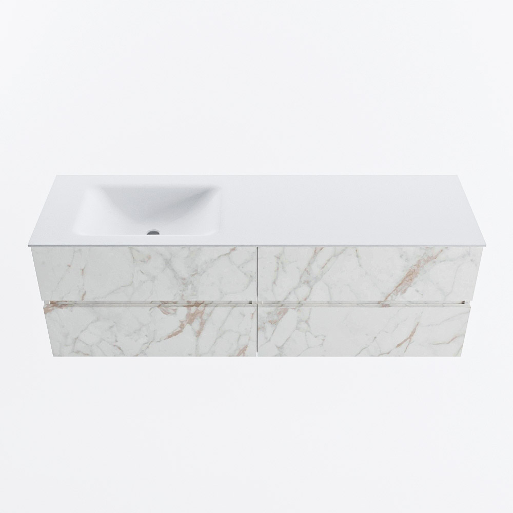 Mondiaz VICA 150cm badmeubel onderkast Carrara 4 lades. Wastafel CLOUD links zonder kraangat, kleur Talc.