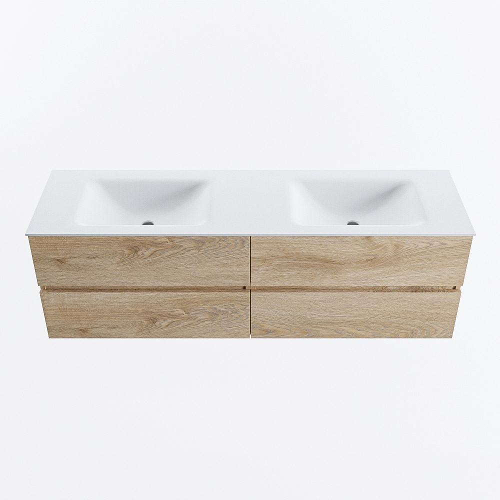 Mondiaz VICA 160cm badmeubel onderkast Washed Oak 4 lades. Wastafel CLOUD dubbel 2 kraangaten, kleur Talc.