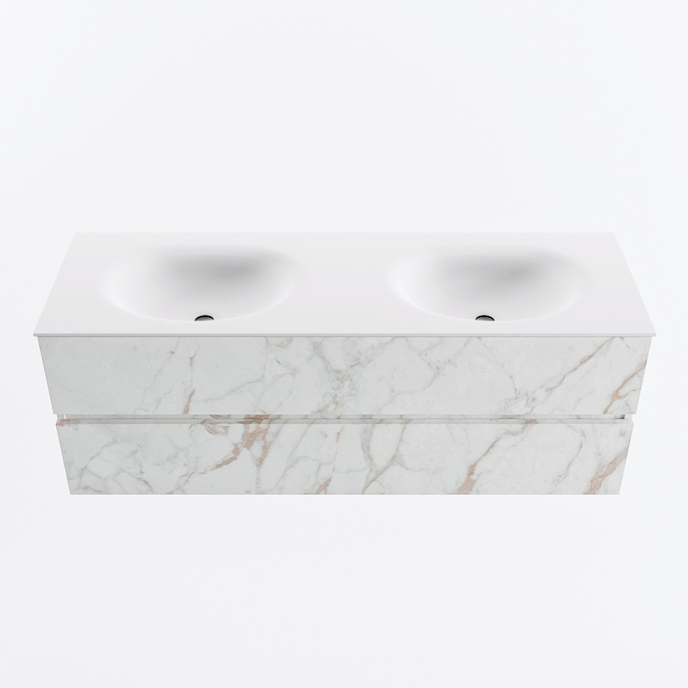 Mondiaz VICA 140cm badmeubel onderkast Carrara 2 lades. Wastafel MOON dubbel zonder kraangat, kleur Talc.
