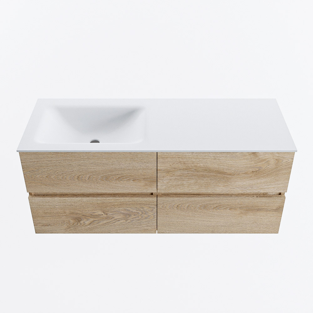Mondiaz VICA 120cm badmeubel onderkast Washed Oak 4 lades. Wastafel CLOUD links 1 kraangat, kleur Talc.