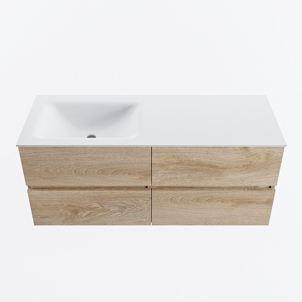 Mondiaz VICA 120cm badmeubel onderkast Washed Oak 4 lades. Wastafel CLOUD links zonder kraangat, kleur Talc.