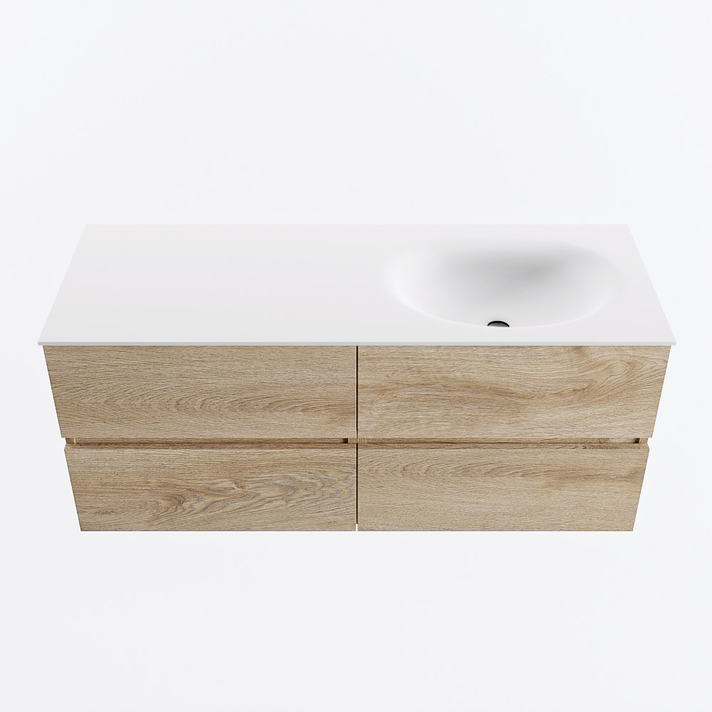 Mondiaz VICA 120cm badmeubel onderkast Washed Oak 4 lades. Wastafel MOON rechts 1 kraangat, kleur Talc.