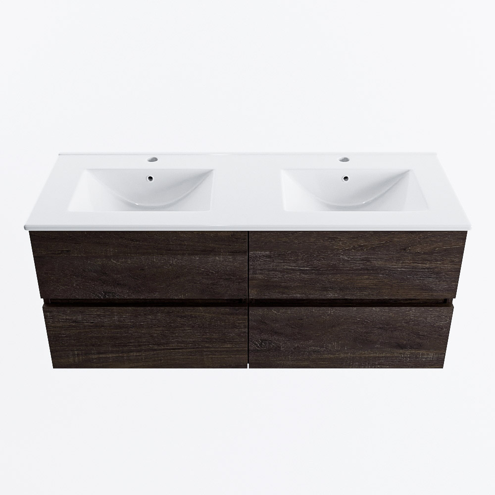 Mondiaz VICA 120cm badmeubel onderkast Dark Brown 4 lades. Wastafel DENIA dubbel 2 kraangaten, kleur Glanzend Wit.