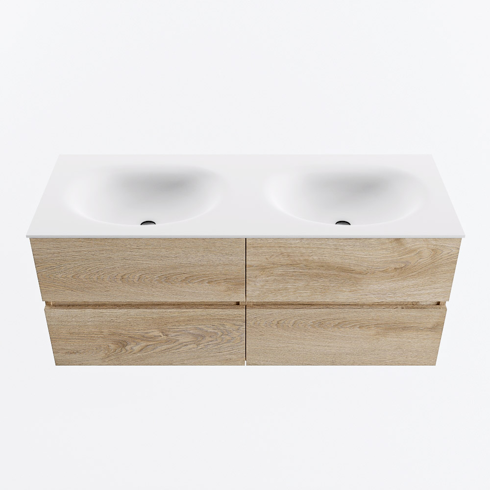 Mondiaz VICA 120cm badmeubel onderkast Washed Oak 4 lades. Wastafel MOON dubbel zonder kraangat, kleur Talc.