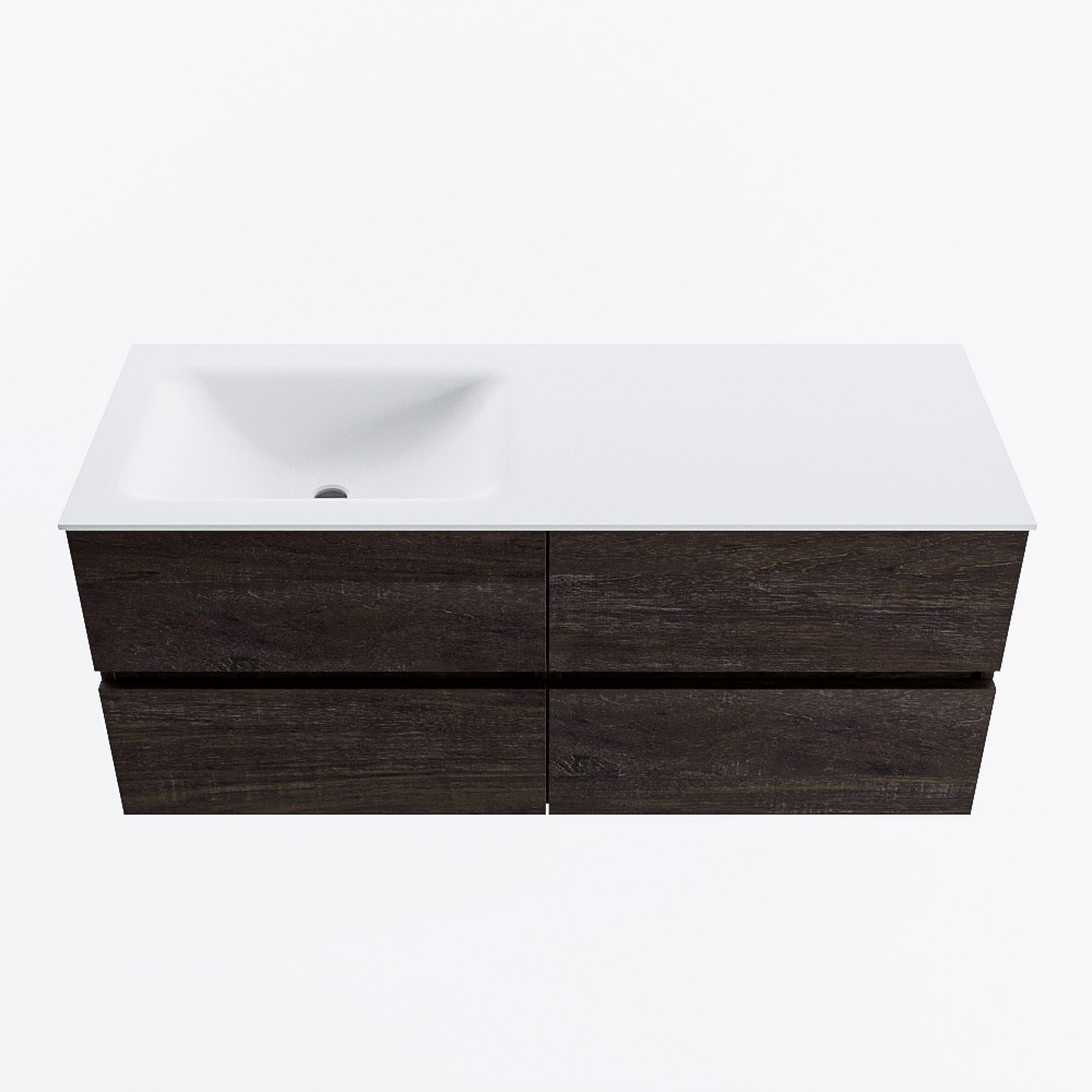 Mondiaz VICA 120cm badmeubel onderkast Dark Brown 4 lades. Wastafel CLOUD links zonder kraangat, kleur Talc.