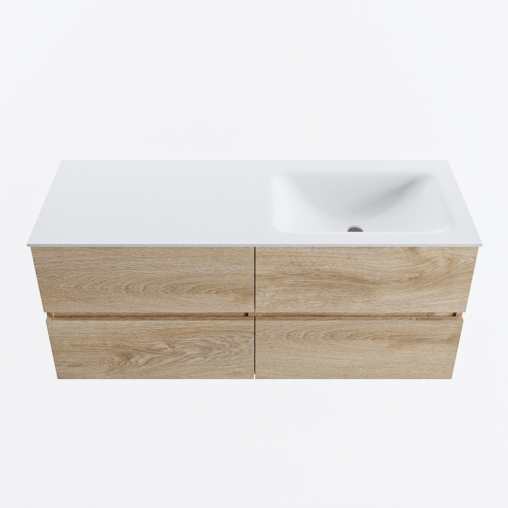 Mondiaz VICA 120cm badmeubel onderkast Washed Oak 4 lades. Wastafel CLOUD rechts 1 kraangat, kleur Talc.