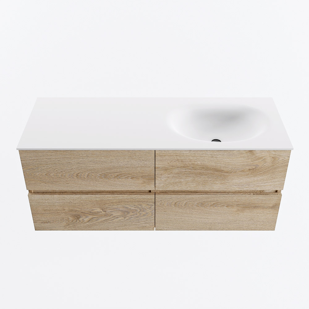 Mondiaz VICA 120cm badmeubel onderkast Washed Oak 4 lades. Wastafel MOON rechts zonder kraangat, kleur Talc.