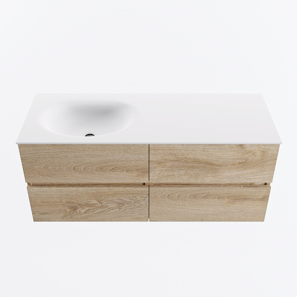 Mondiaz VICA 120cm badmeubel onderkast Washed Oak 4 lades. Wastafel MOON links zonder kraangat, kleur Talc.