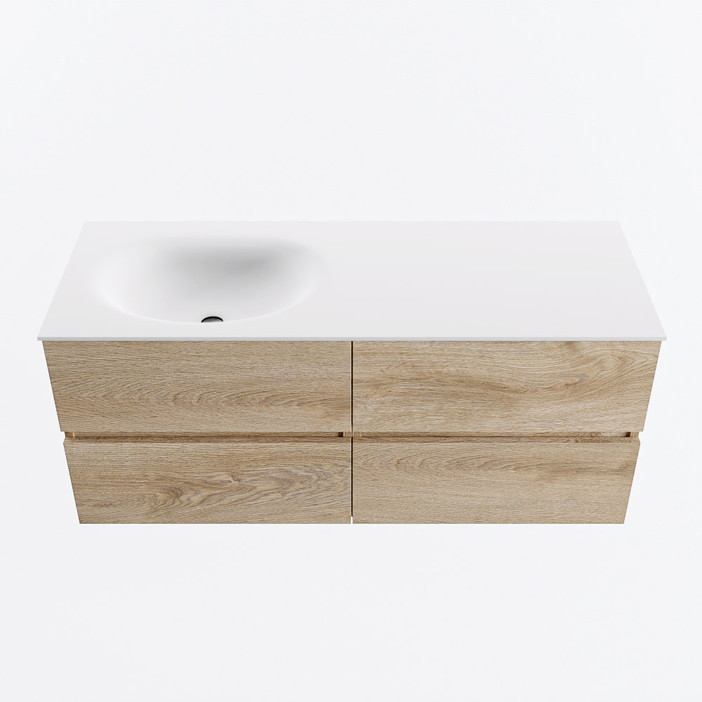 Mondiaz VICA 120cm badmeubel onderkast Washed Oak 4 lades. Wastafel MOON links 1 kraangat, kleur Talc.
