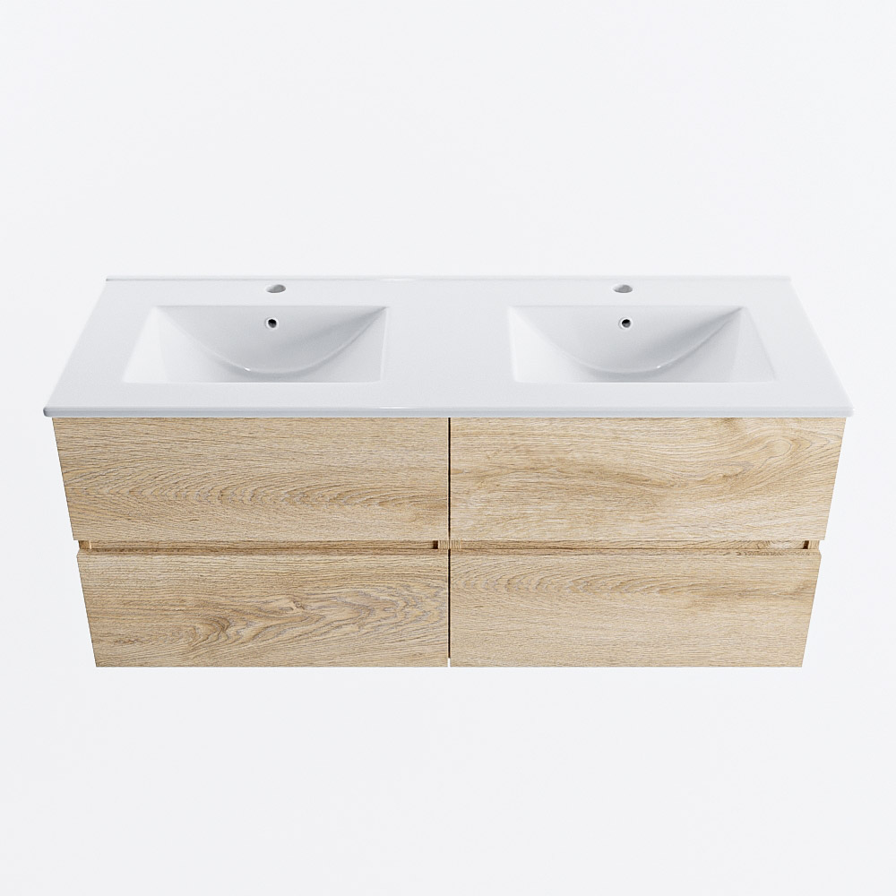 Mondiaz VICA 120cm badmeubel onderkast Washed Oak 4 lades. Wastafel DENIA dubbel 2 kraangaten, kleur Glanzend Wit.