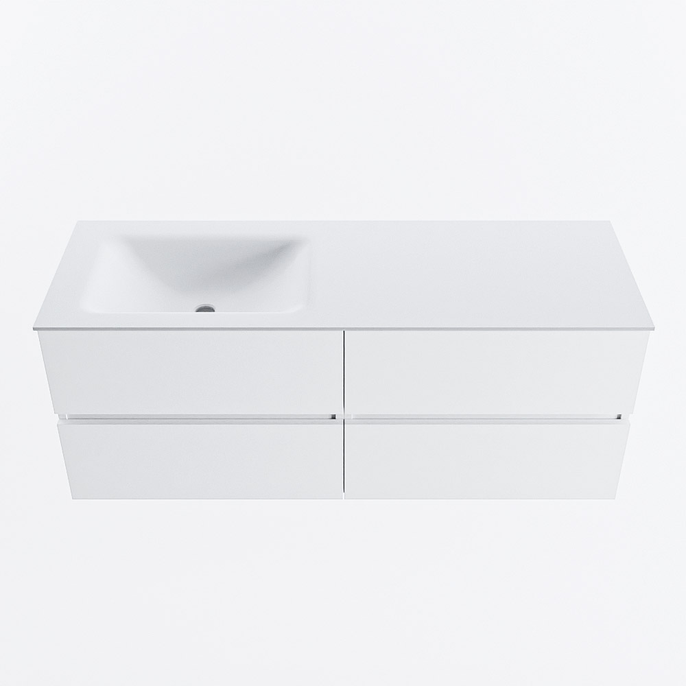 Mondiaz VICA 130cm badmeubel onderkast Talc 4 lades. Wastafel CLOUD links zonder kraangat, kleur Talc.