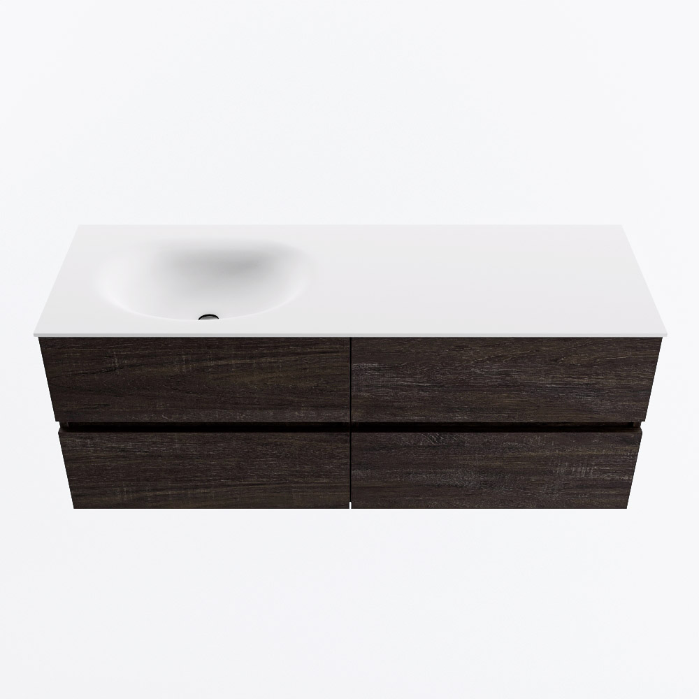 Mondiaz VICA 130cm badmeubel onderkast Dark Brown 4 lades. Wastafel MOON links zonder kraangat, kleur Talc.
