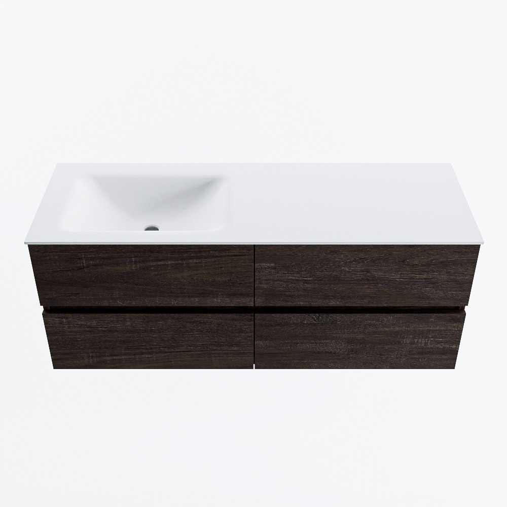 Mondiaz VICA 130cm badmeubel onderkast Dark Brown 4 lades. Wastafel CLOUD links 1 kraangat, kleur Talc.